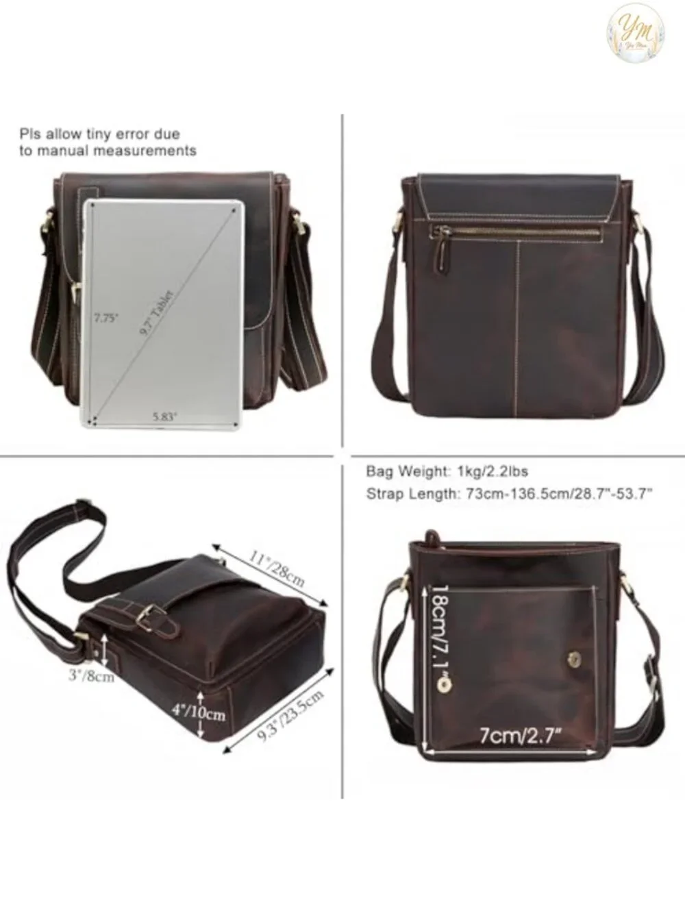 Genuine Full Grain Leather Crossbody Messenger Bag for Men Women Tablet